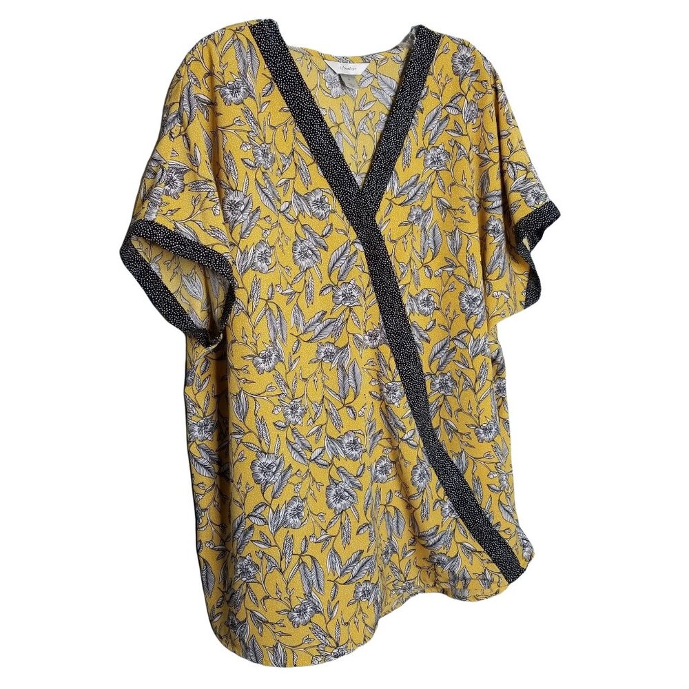 CJ Banks Size 2X Blouse Vibrant Floral Print Faux Wrap Tunic Short Kimono Sleeve